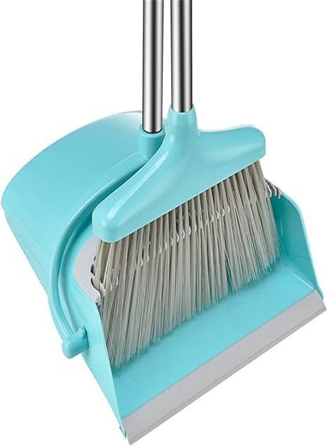 Trady Plastic Long Handle Dustpan and Brush Set Comb Toothed Household Soft Fur Broom for Sweeping & Cleaning Rotating and Folding Storage (Blue) - Image 1